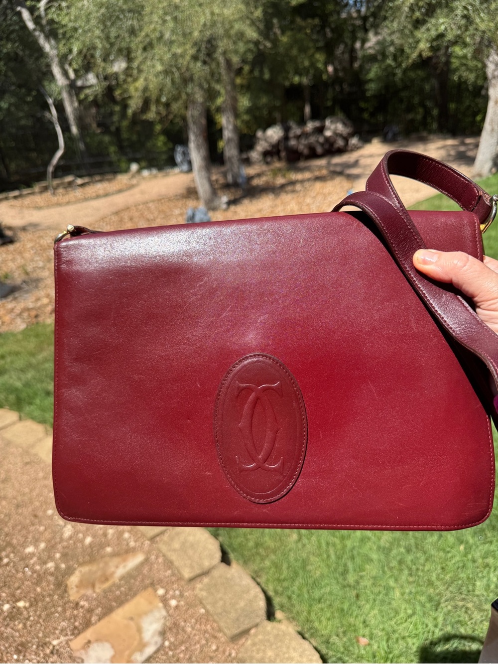 Cartier Burgundy Leather Messenger Bag with Embossed Logo